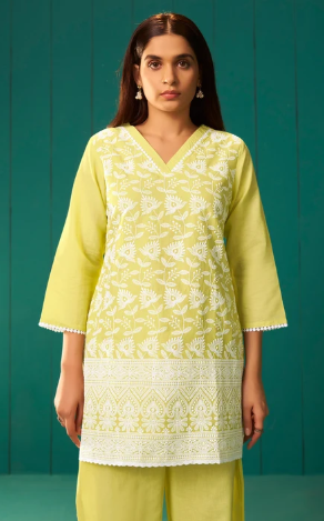 Women’s Yellow Pure Cotton Schiffli Embroidered Co-Ord Set