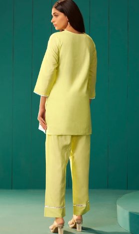 Women’s Yellow Pure Cotton Schiffli Embroidered Co-Ord Set
