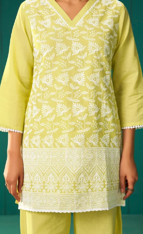 Women’s Yellow Pure Cotton Schiffli Embroidered Co-Ord Set