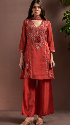 Rust Silk Blend Festive Kurta Set with Choker Neck & Net Dupatta