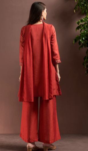 Rust Silk Blend Festive Kurta Set with Choker Neck & Net Dupatta