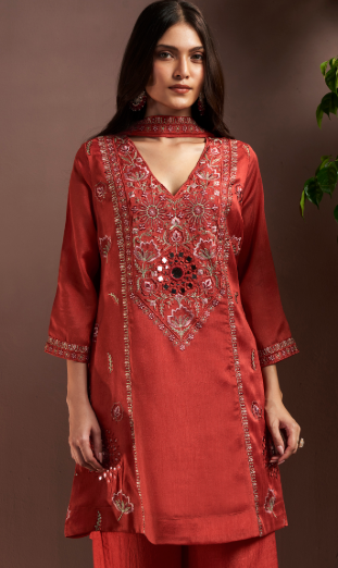 Rust Silk Blend Festive Kurta Set with Choker Neck & Net Dupatta