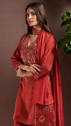 Rust Silk Blend Festive Kurta Set with Choker Neck & Net Dupatta