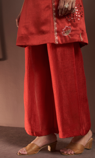 Rust Silk Blend Festive Kurta Set with Choker Neck & Net Dupatta