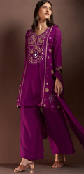 Purple Silk Blend Festive Kurta Set with Embroidery, Mirrorwork & Net Dupatta