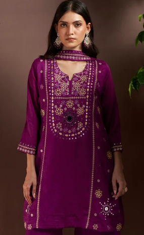 Purple Silk Blend Festive Kurta Set with Embroidery, Mirrorwork & Net Dupatta