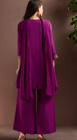 Purple Silk Blend Festive Kurta Set with Embroidery, Mirrorwork & Net Dupatta