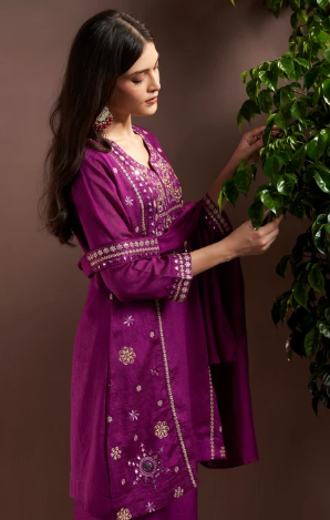 Purple Silk Blend Festive Kurta Set with Embroidery, Mirrorwork & Net Dupatta