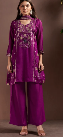 Purple Silk Blend Festive Kurta Set with Embroidery, Mirrorwork & Net Dupatta