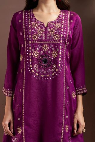 Purple Silk Blend Festive Kurta Set with Embroidery, Mirrorwork & Net Dupatta
