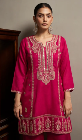Women’s Red Elegant Embroidered Silk Blend Kurta Set