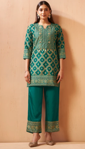 Women’s Green Jacquard Vichitra Silk Ethnic Co-Ord Outfit