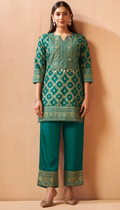 Women’s Green Jacquard Vichitra Silk Ethnic Co-Ord Outfit