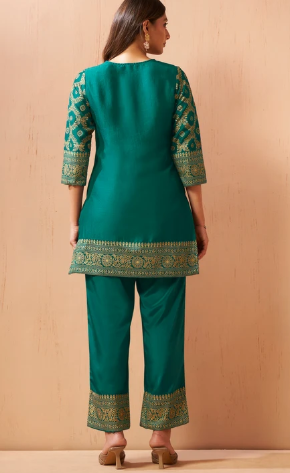 Women’s Green Jacquard Vichitra Silk Ethnic Co-Ord Outfit