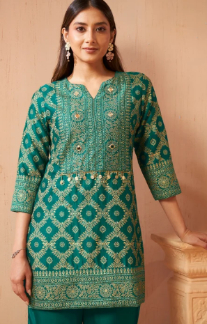 Women’s Green Jacquard Vichitra Silk Ethnic Co-Ord Outfit