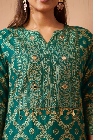 Women’s Green Jacquard Vichitra Silk Ethnic Co-Ord Outfit