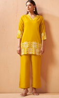 Mustard Embroidered Cotton Blend Ethnic Co-Ord Set