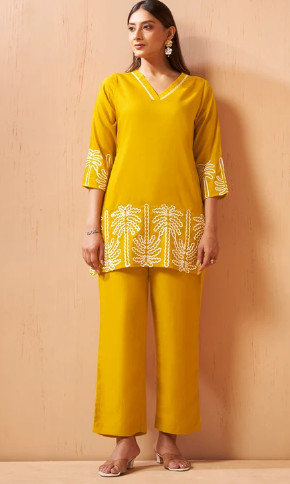 Mustard Embroidered Cotton Blend Ethnic Co-Ord Set