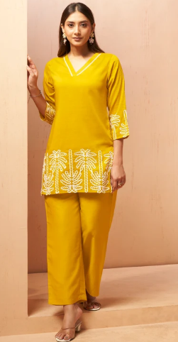 Mustard Embroidered Cotton Blend Ethnic Co-Ord Set
