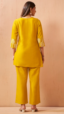 Mustard Embroidered Cotton Blend Ethnic Co-Ord Set