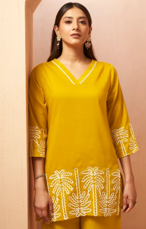 Mustard Embroidered Cotton Blend Ethnic Co-Ord Set