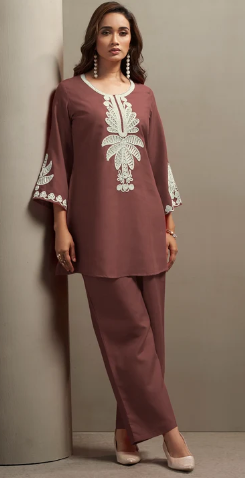 Women’s Coffee Cotton Blend Floral Embroidered Two-Piece Set