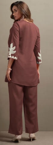 Women’s Coffee Cotton Blend Floral Embroidered Two-Piece Set