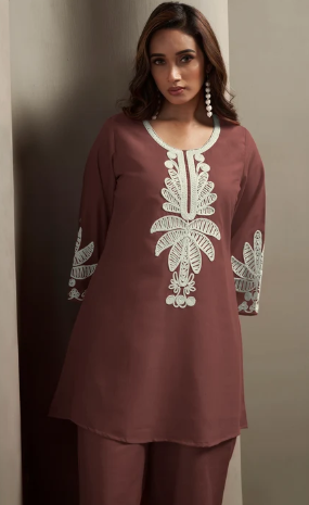 Women’s Coffee Cotton Blend Floral Embroidered Two-Piece Set
