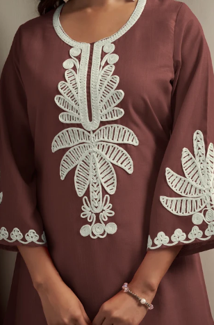Women’s Coffee Cotton Blend Floral Embroidered Two-Piece Set