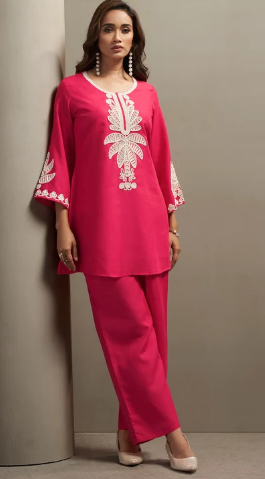 Women’s Pink Embroidered Floral Top & Solid Pant Co-Ord Outfit