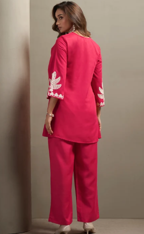 Women’s Pink Embroidered Floral Top & Solid Pant Co-Ord Outfit