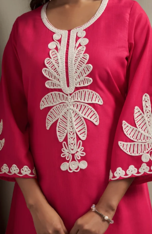 Women’s Pink Embroidered Floral Top & Solid Pant Co-Ord Outfit
