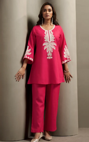 Women’s Pink Embroidered Floral Top & Solid Pant Co-Ord Outfit