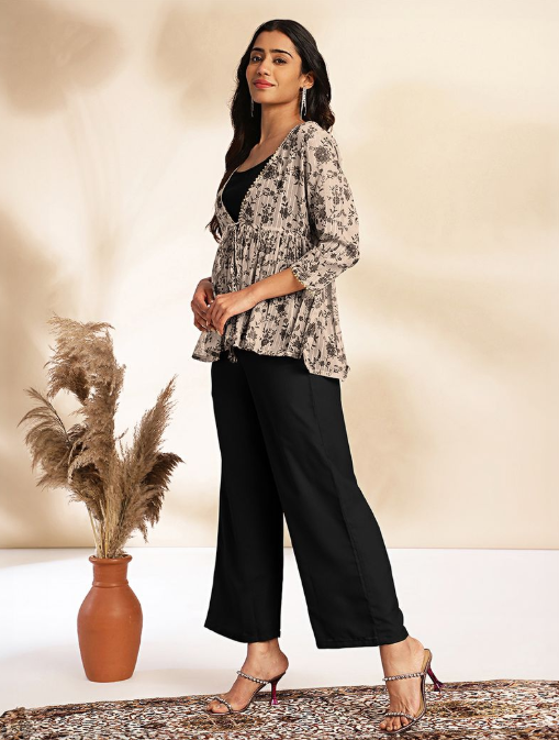 Black Crepe Top & Pant Set with Jacket