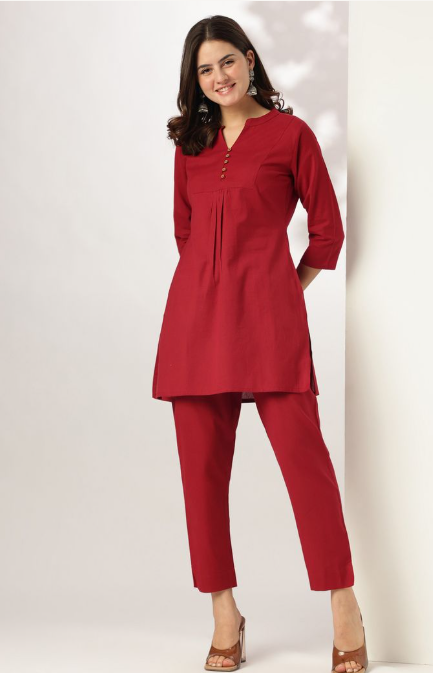 मैरून लिनन कॉटन को-ऑर्ड सेट 