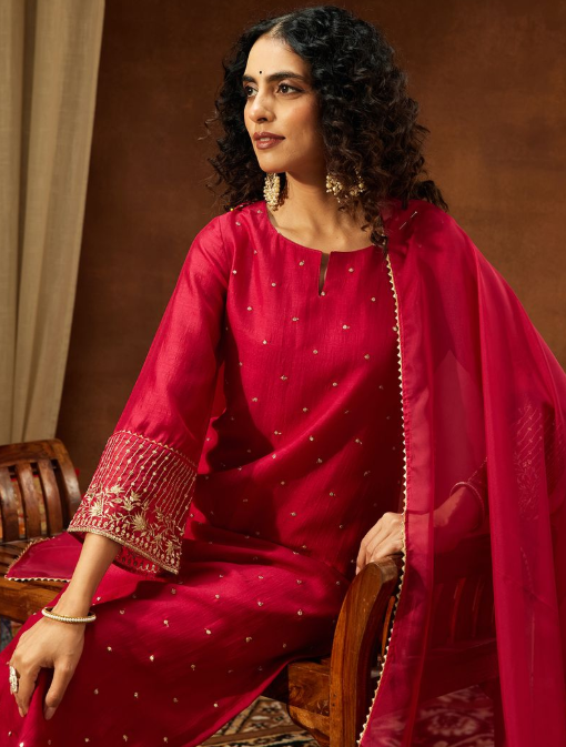 Wine Red Embroidered Kurta Set with Straight Pants & Sheer Dupatta