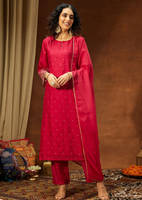 Wine Red Embroidered Kurta Set with Straight Pants & Sheer Dupatta