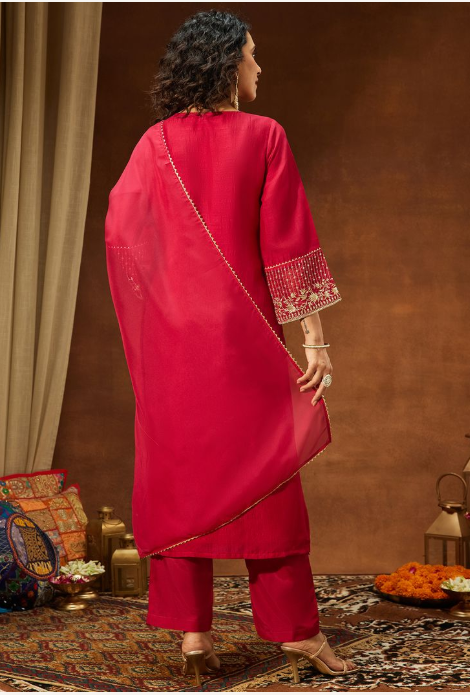 Wine Red Embroidered Kurta Set with Straight Pants & Sheer Dupatta