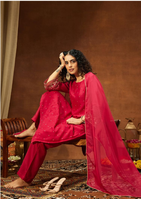 Wine Red Embroidered Kurta Set with Straight Pants & Sheer Dupatta