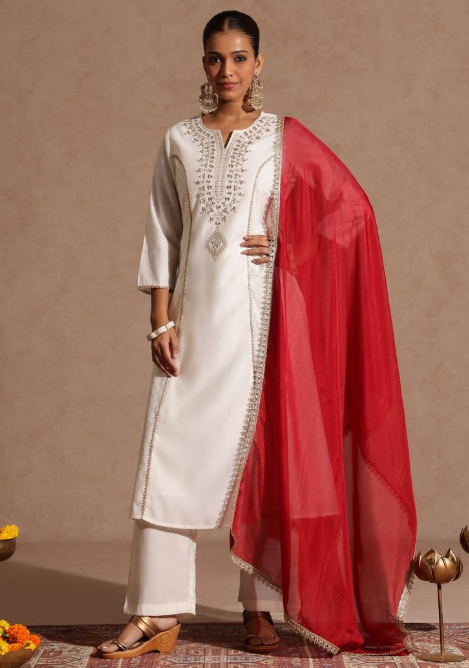 Thread work chanderi silk kurta set