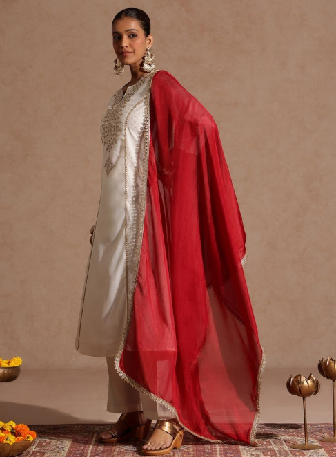 Thread work chanderi silk kurta set