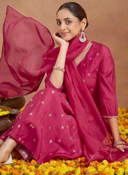 Pink & Gold Chanderi Silk Embroidered Set