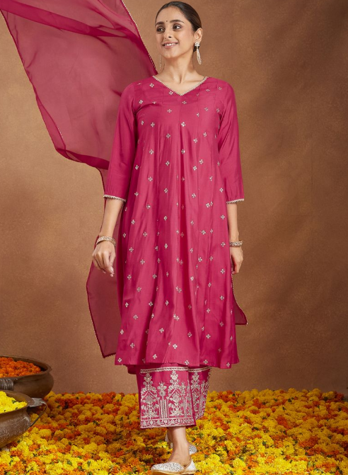 Pink & Gold Chanderi Silk Embroidered Set