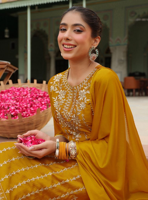 Mustard Silk Blend Embroidered Kurta Set