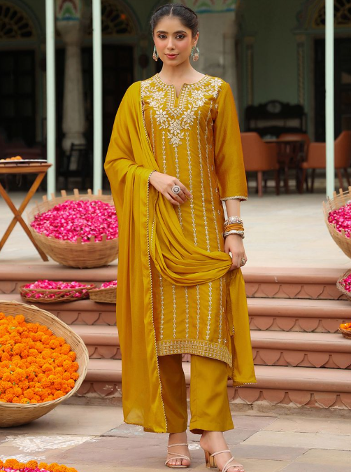 Mustard Silk Blend Embroidered Kurta Set