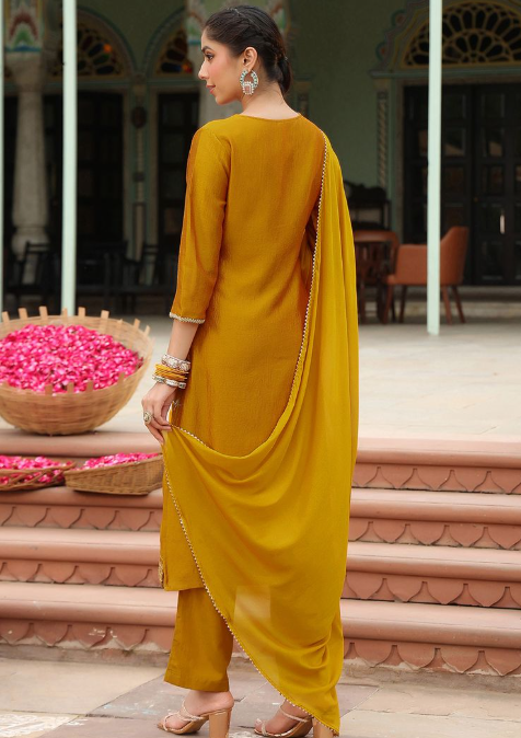 Mustard Silk Blend Embroidered Kurta Set