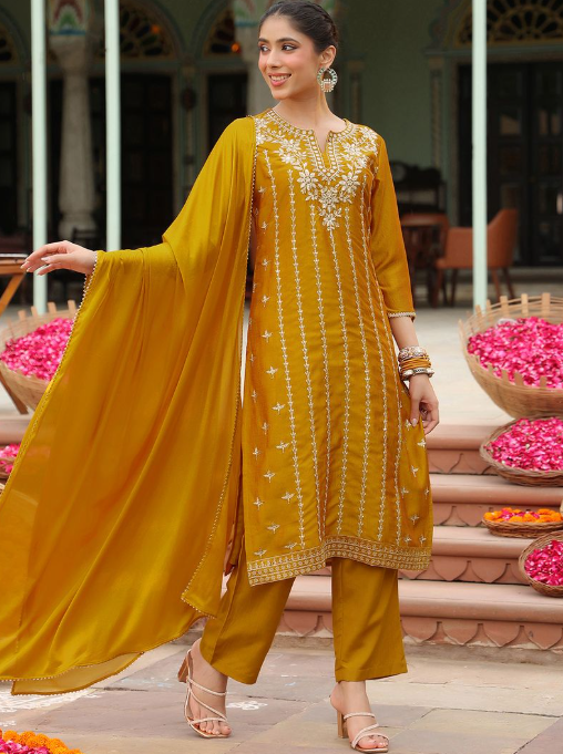 Mustard Silk Blend Embroidered Kurta Set
