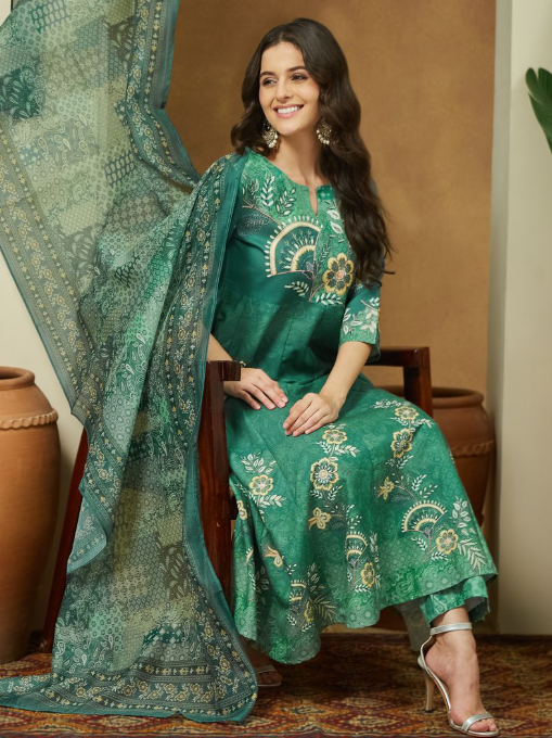 Green Cotton Blend Floral Printed Anarkali