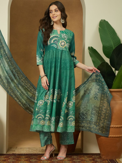 Green Cotton Blend Floral Printed Anarkali