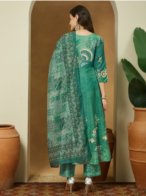 हरे रंग की कॉटन ब्लेंड फ्लोरल प्रिंटेड अनारकली 